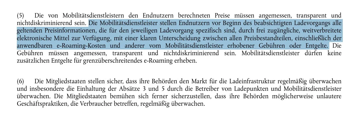 Auszug aus Artikel 5 der AFIR mit den Pflichten der Mobilitätsdienstleister