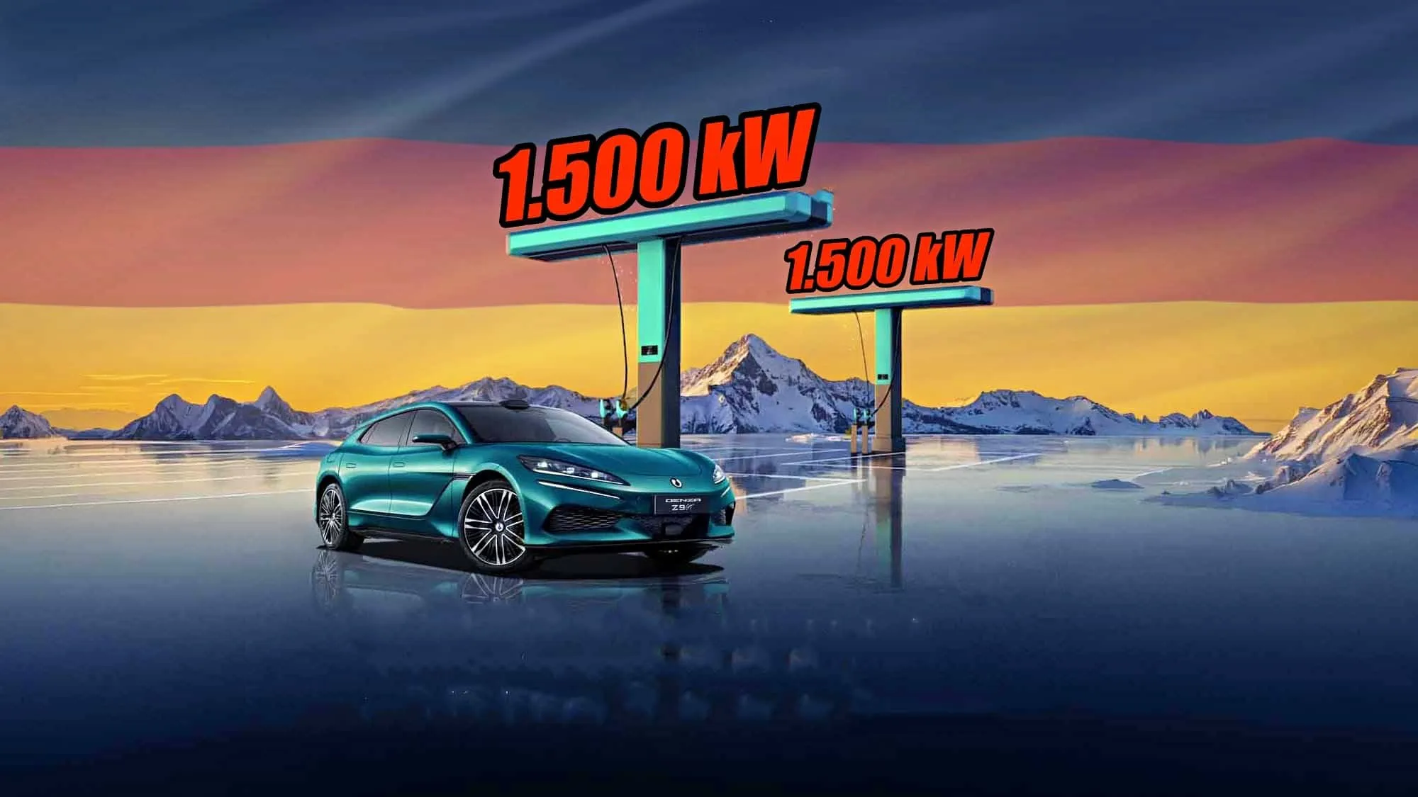 Werbemotiv: Elektroauto von Denza an einem Flash-Charger mit 1.500 kW vor Bergkulisse