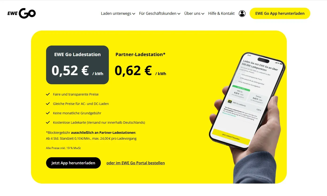 Website von EWE Go mit den Preisen für die eigene Ladestation und Partner-Ladestationen