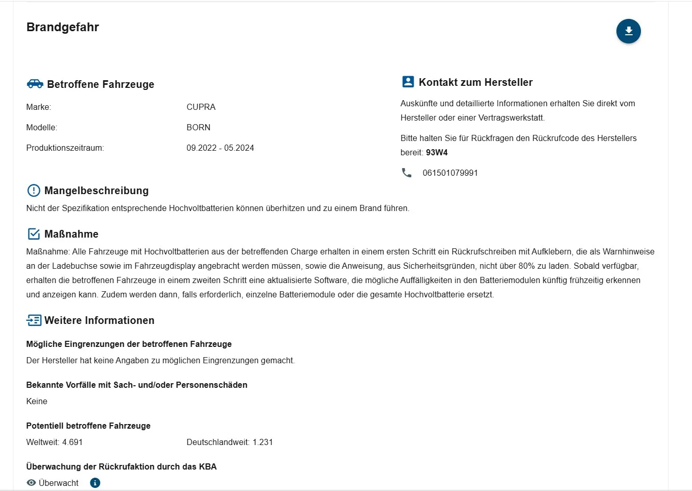 KBA-Rückrufdatenbank: Eintrag zum Cupra Born mit Rückrufcode 93W4