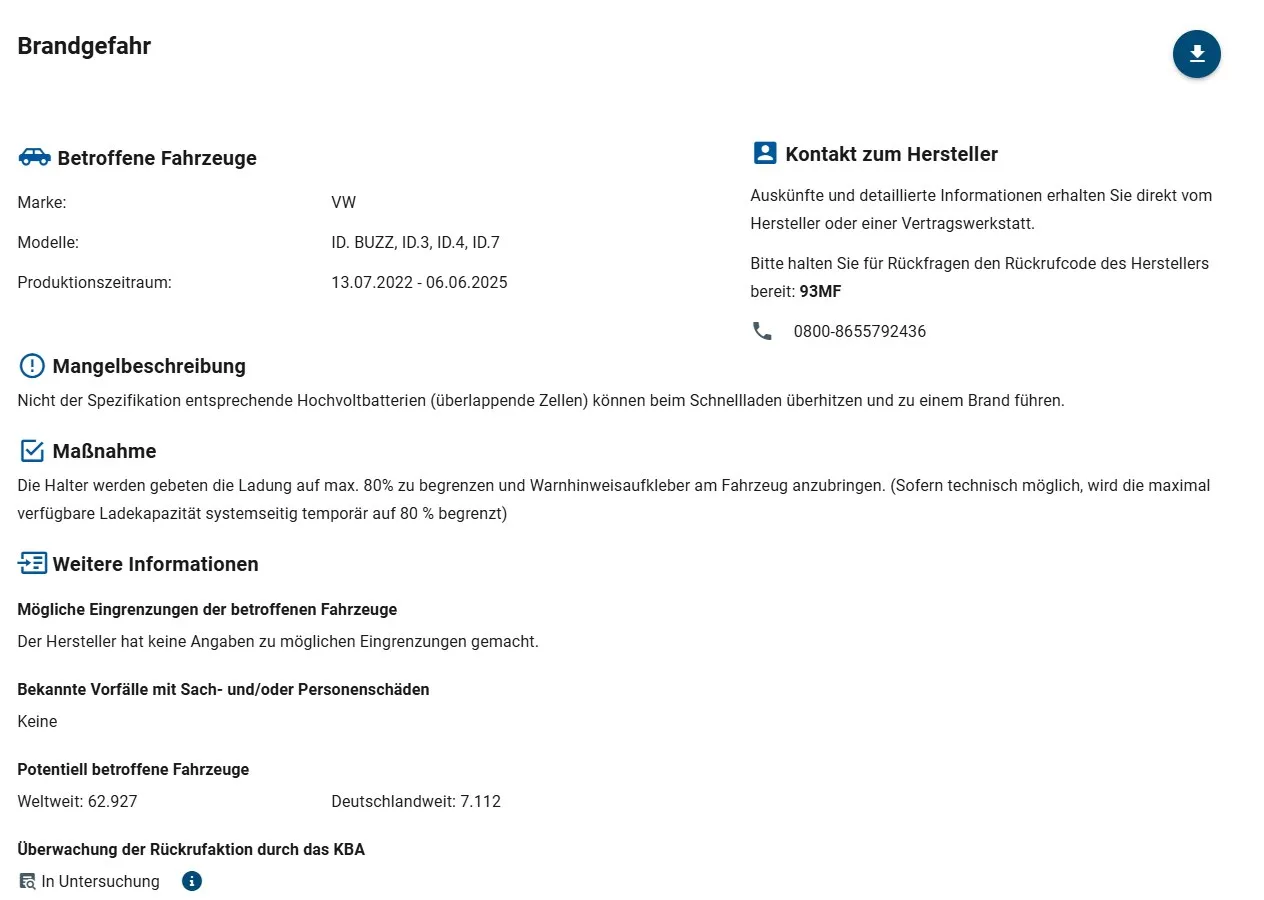 KBA-Rückrufdatenbank: Eintrag zum VW-Rückruf 93MF