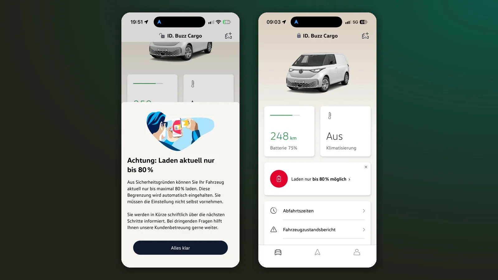 Screenshots der VW-App: Hinweis „Laden aktuell nur bis 80 %“ beim ID. Buzz Cargo