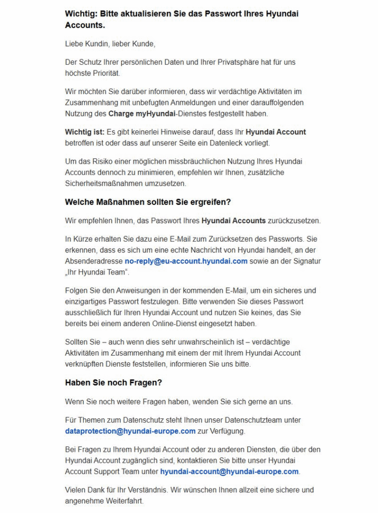 Hyundai-Kundenmail zur Betrugs-Vorsorge