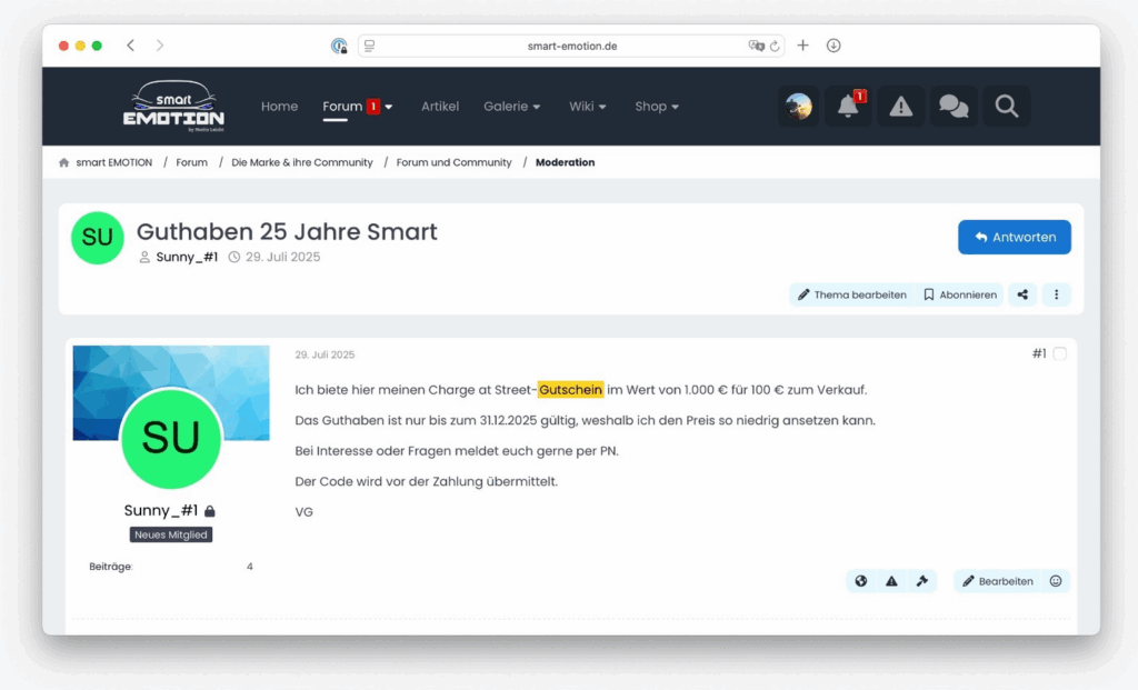 betrügerisches gutschein-Angebot im Forum SmartEmotion