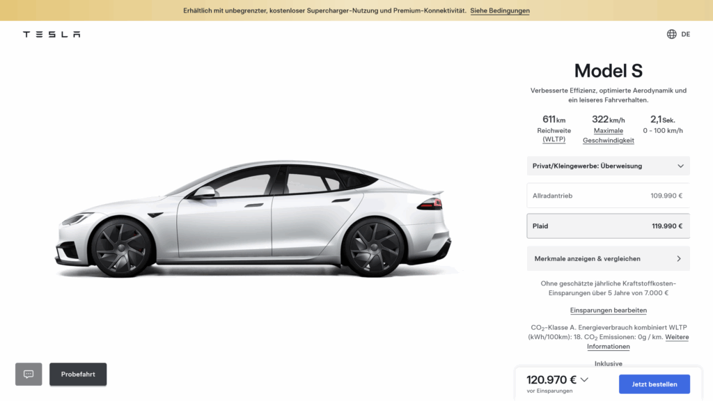 Tesla Model S im Konfigurator
